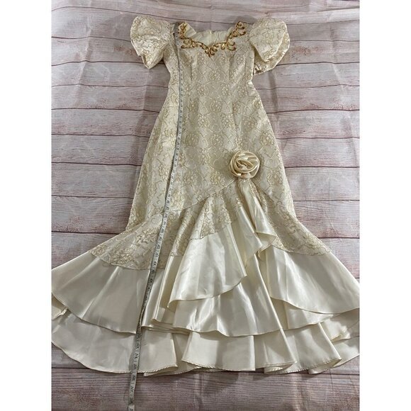 Vintage Mike Benet Formals Ivory Puff Sleeves Gown With Gold Trim - Small - Picture 4 of 14